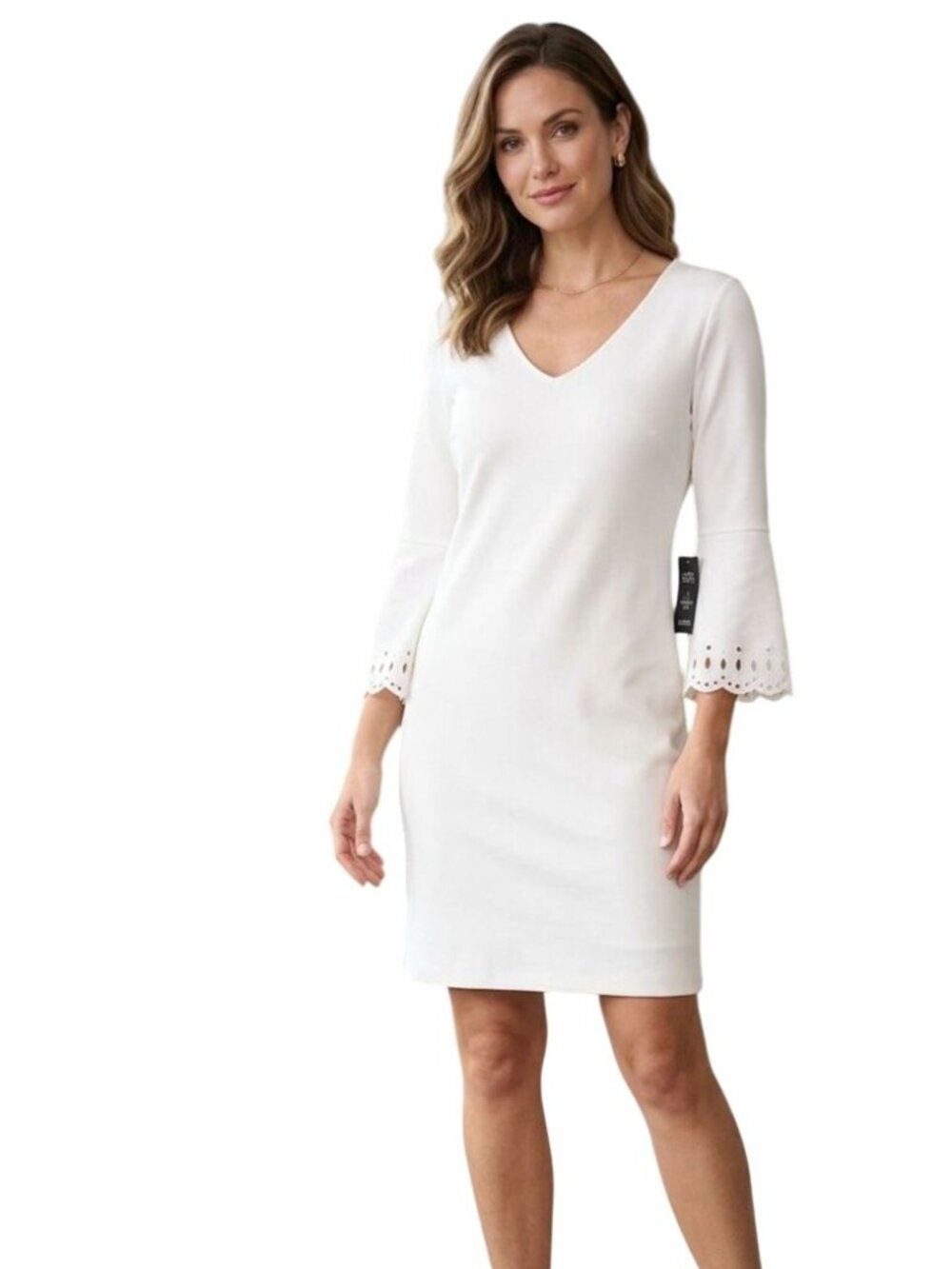 Boston Proper Dress Large V-Neck Eyelet Bell Sleeves White Office Minimalist NEW